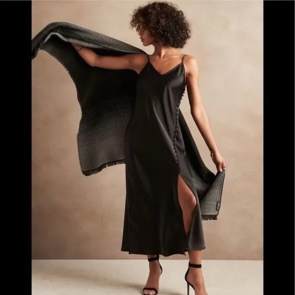 Banana Republic Factory - Black Satin Slip Dress + Buttons & Side Slit